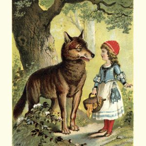 Vintage colour engraving of Little Red Riding Hood and the Wolf. Little Red Riding Hood, or Little Red Ridinghood, also known as Little Red Cap or simply Red Riding Hood, is a European fairy tale about a young girl and a Big Bad Wolf. 1898